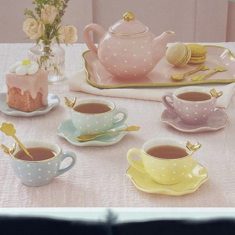 Member's Mark Porcelain Tea Set‎ 15 Pc Pastel Polka Dot Tea Party Pretend Play